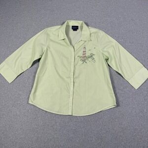 Las Olas Womens S Green Pinstripe Lighthouse Rhinestone 3/4 Sleeve Button Shirt